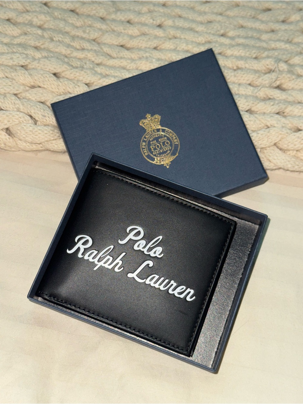 Polo Ralph Lauren embroidery white logo Black Leather Double Billfold Wallet NWT